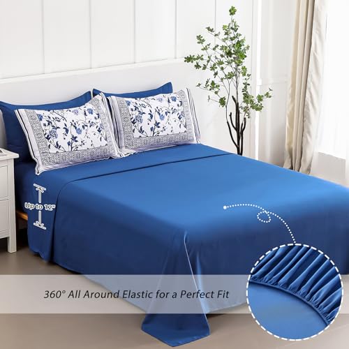 Dobuyly Floral Queen Comforter Set, 7 Piece Bed in a Bag Queen Size Blue Flowers on White Botanical Bedding Set, Soft Microfiber Bedding Comforter Sets with Sheets for All Season Dobuyly