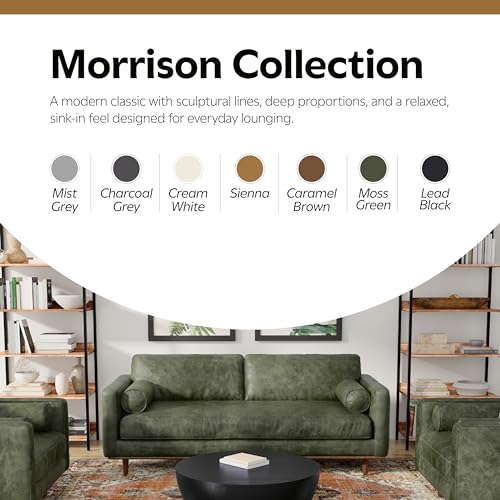 SIMPLIHOME Morrison 89-inch Wide Sofa in Moss Green Genuine Leather, Mid-Century Modern Design Couch for Living Room, Single Bench Cushion, 2 Back Cushions, 2 Bolster Pillows SIMPLIHOME