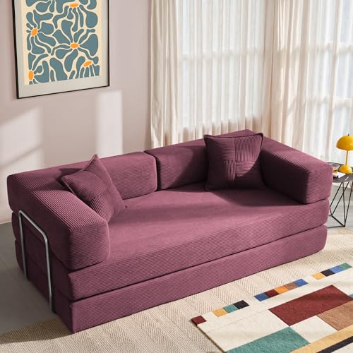 YINIX Foldable Sofa Bed, 78'' Folding Floor Couch, Compressed Convertable Sleeper Sofa, Memory Foam Couch with Pillow Back Support Armrest, 4-in-1 Futon Sofa Bed for Living Room, Wine Red YINIX