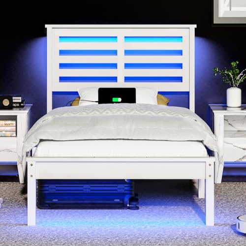 VINGLI Solid Wood Twin Bed Frame with LED Lights & USB Charging Station Single Platform Panel Bed with 40 Inches Tall Headboard for Kids,No Box Spring Needed,White VINGLI
