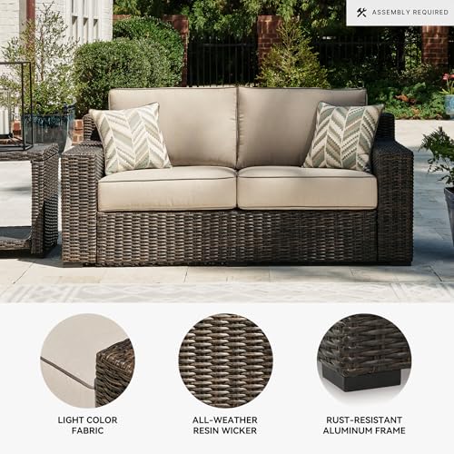 Signature Design by Ashley Coastline Bay Casual Weather Resistant Outdoor Loveseat with Cushion and 2 Throw Pillows, Beige & Dark Brown Signature Design by Ashley