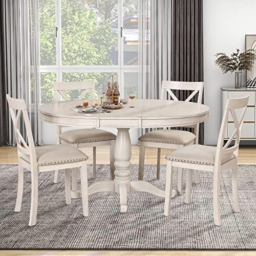 Extendable Dining Table Set for 4, 5 Piece Kitchen Table and Chairs Set, 4 X-Back Solid Wood Dining ChairSet, Industrial Oval Round Dining Table for Small Space, Apartment, French Country White SCANORDIC