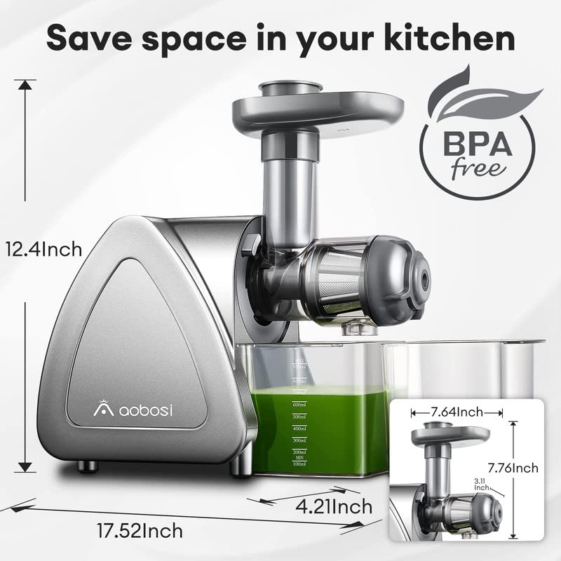 Cold Press Juicer, Aobosi Slow Masticating Juicer Machines with Reverse Function, Quiet Motor, High Juice Yield with Juice Jug & Brush for Cleaning, Gray AAOBOSI