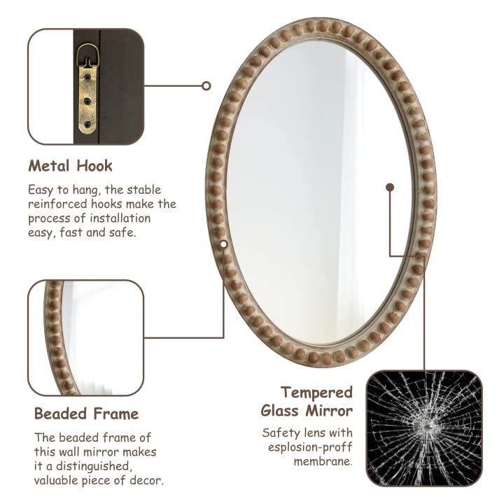 COZAYH Distressed Wood Frame Accent Mirror, Rustic Farmhouse Style Decorative Wall Mirror (Oval) COZAYH