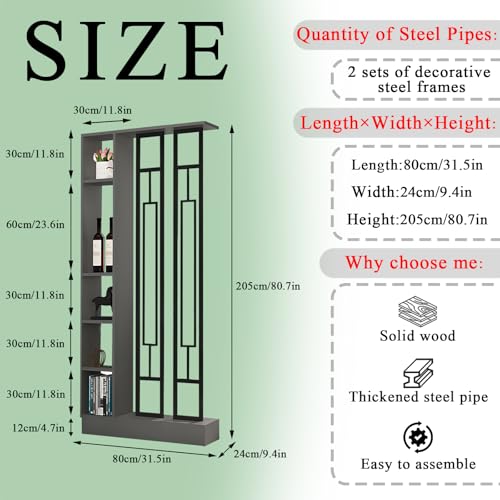 Wall Room Divider - Freestanding Wood Room Divider with Shelves, Wall Divider with Storage Cabinet, Easy Assembly Freestanding Decor for Bedroom, Office (Grey+Black, 31.5IN) Horseo