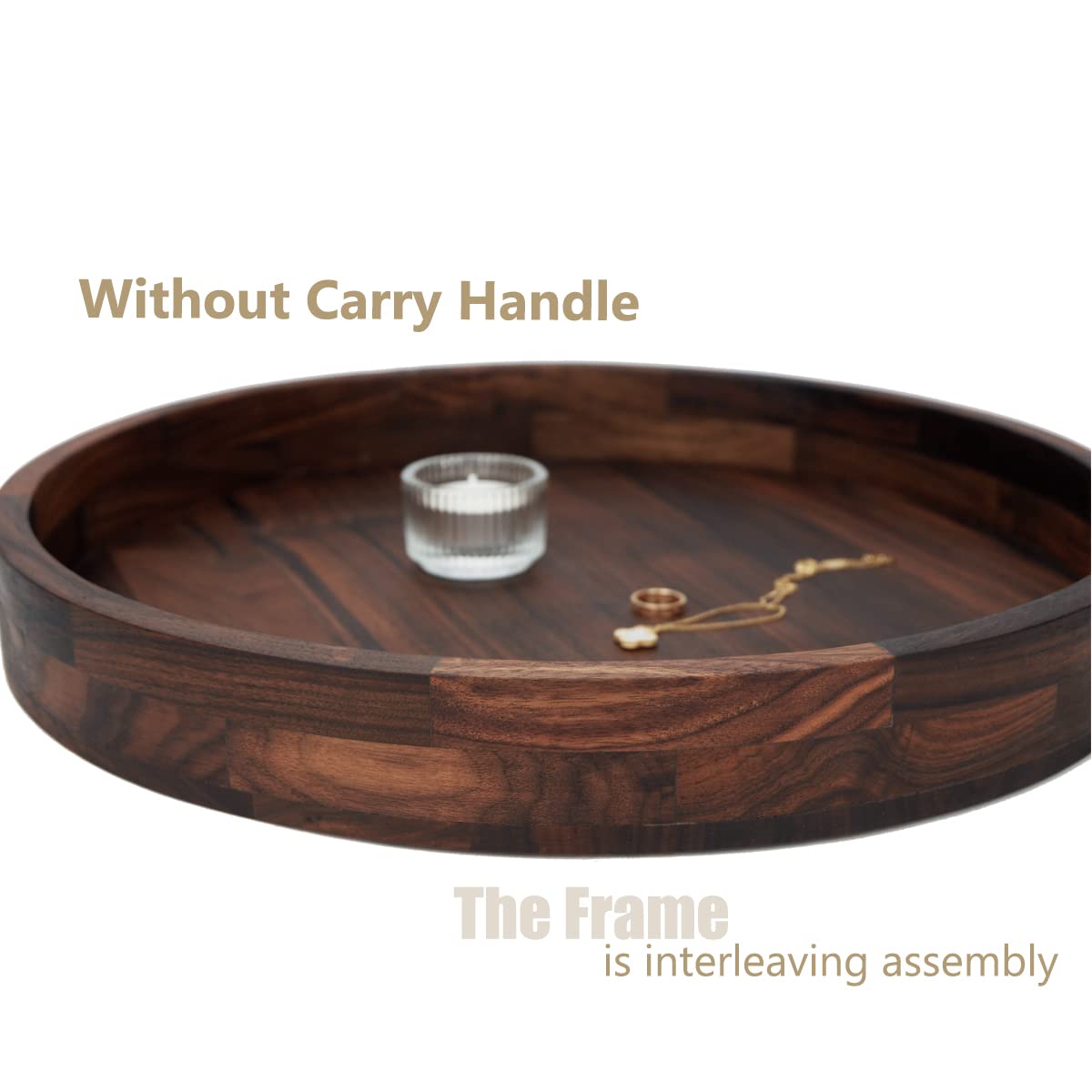 MAGIGO 16 Inches Extra Large Round Black Walnut Wood Ottoman Tray with Handles, Serve Tea, Coffee or Breakfast in Bed, Classic Circular Wooden Decorative Serving Tray MAGIGO