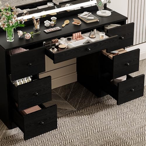 IRONCK Vanity Makeup Desk Set with LED Lighted Mirror & Power Outlet, 7 Drawers Bedroom Vanities Table with Stool,Black IRONCK