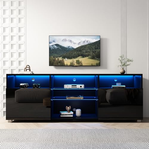 SUSSURRO LED TV Stand for 60/65 inch TV, Television Table Center Media Console with Drawer and Led Lights, High Glossy Modern Entertainment Center for Living Game Room Bedroom, Black SUSSURRO
