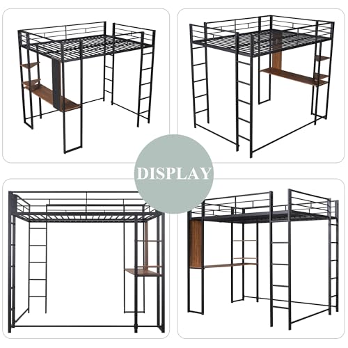 Bellemave Full Size Loft Bed with Desk and 2 Shelves, Metal Loft Bed Frame with 2 Ladders and Guardrails for Kids Teens (Black/Full) Bellemave