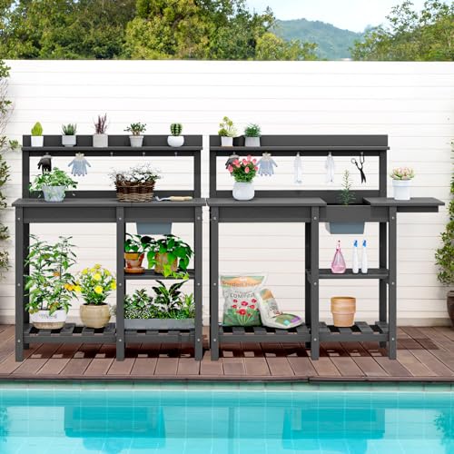 SERWALL Potting Bench Outdoor Potting Table with Sink, HDPE Potting Benches for Outside Gardening Table All Weather Use- Gray SERWALL