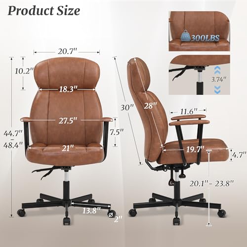 Cozyman High Back Office Desk Chair, Breathable Ergonomic Leather Chair with 5-Layer Seat Cushion with 135°Reclining Lumbar Support Adjustable Height Rolling Swivel Executive Armrests Chair, Brown Cozyman