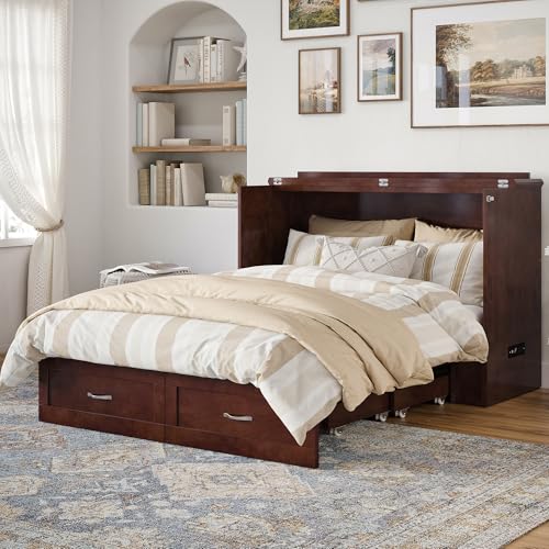 AFI Hamilton Full Murphy Bed Chest with Mattress, Storage, and Built-in Charger in Walnut AFI