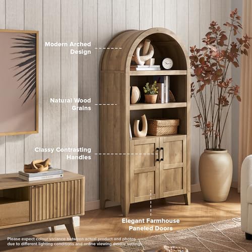 mopio Lauren 65.4" Short Arched Cabinet, 5-Tier Arched Bookcase with Doors and Shelves, Mini Arched Bookshelf with Storage, Kitchen Pantry Cabinet, Wooden Storage Cabinet for Living Room (Oak) mopio