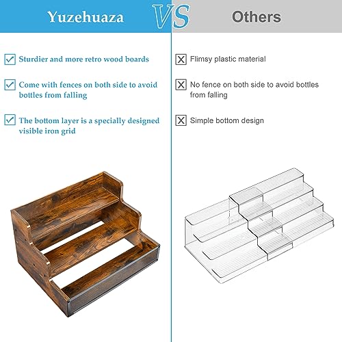 3 Step Countertop Liquor Bottle Display Shelf, Wood Bar Shelves 12 Bottles with Fences, Freestanding Storage Shelves for Liquor Whiskey Wine Coffee Syrup Display, Retro Wine Rack Home (Patent Pending) Yuzehuaza