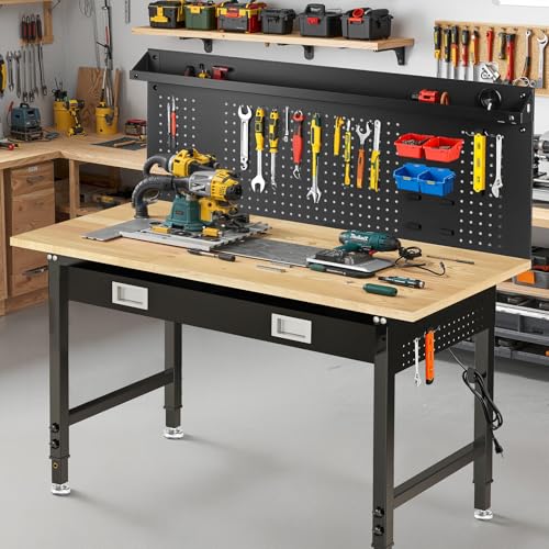 60" Adjustable Work Bench with Drawers, Workbench for Garage with Strip Light, Work Table with Large Pegboard, 2000 LBS Heavy Duty Table with Power Outlet Rubber Wood for Office, Workshop FIXCHIGO