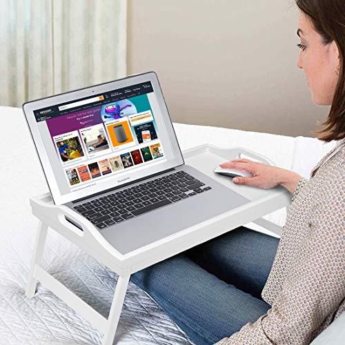 Breakfast Tray Table with Folding Legs Serving Tray Bamboo Dinner Trays for Platter Laptop Desk Bed Table Kitchen Serving Tray Snack Trays Large Size (White Large) Artmalle