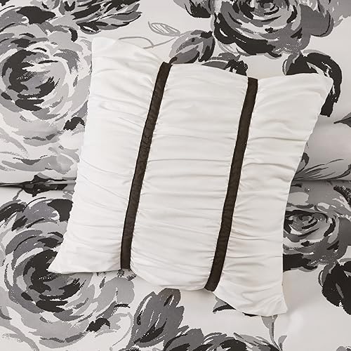 Intelligent Design Dorsey Comforter Reversible Flower Floral Botanical Printed Ultra-Soft Brushed All Season Bedding-Set, Full/Queen, Black/White 5 Piece Intelligent Design