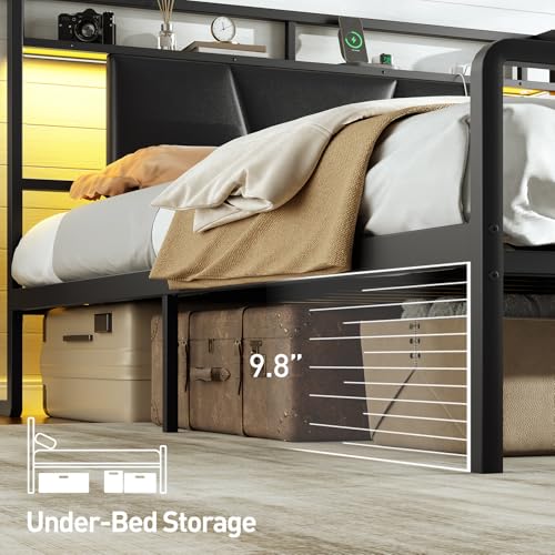 RALGEND Queen Bed Frame with Headboard, LED Upholstered Bed Frame with Charging Station, Metal Platform Bed with Under Bed Storage, No Box Spring Needed, Noise Free, Easy Assembly, Black RALGEND