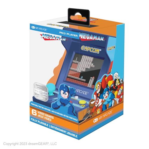 MY ARCADE Mega-Man Pico Player: 3.7" Playable Portable Tiny Arcade Machine with 6 Retro Games, 2" Screen Color Display, Small My Arcade