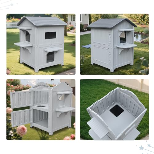 Weatherproof Outdoor Insulated Cat House for Feral Multi Cat, 2 Storey Plastic Elevated Cat Shelter with Escape Door, Easy Assemble, Expansive Interior Grey 34" D x 21" W x 21.5" H HiCaptain