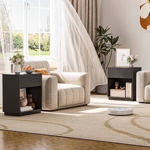 Fluted Nightstands Set of 2, Modern Bedside Table with Drawer and Storage Shelf, Wood End Table Mid Century Night Stands for Bedroom Living Room Sofa Couch Office (Black) INNOD