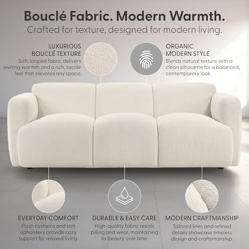 Sierra Modern 83 in. Ivory Boucle Handcrafted Contemporary Sofa for Living Room or Couch for Family Room with Rounded Arms Armen Living