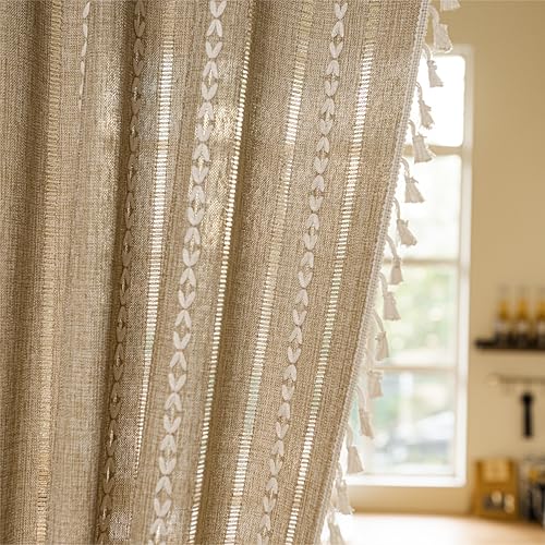 Sutuo Home Boho Door Curtains for Doorway, Bohemian Semi Blackout Curtains Privacy Embroidery Drape Decor for Temporary Room Dividers Bedroom Living Room, Rod Pocket 1 Panel 37" W x 80" L, Natural Sutuo Home