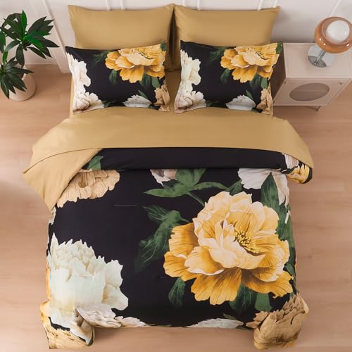 Dobuyly King Size Comforter Set 7 Piece Bed in a Bag, Yellow Brown Floral Printed on Black Comforter Set with Sheets, Soft Microfiber Botanical Boho Complete Bedding Set for All Season Dobuyly