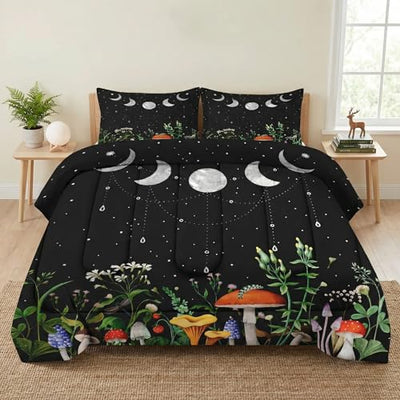 WeCozy Queen Size Comforter Set with 2 Pillowcases, Mushroom Plant Floral 3 Pcs Bedding for Kids and Adults, Flower Summer Moon Night Soft Comforter Set for Bedroom Bed Decor