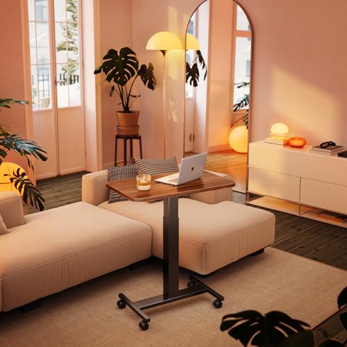 HUANUO Small Rolling Laptop Standing Desk, Height Adjustable Mobile T-Base Desk with Lockable Casters, Portable Sit-Stand Workstation for Bedside & Sofa, Walnut HUANUO