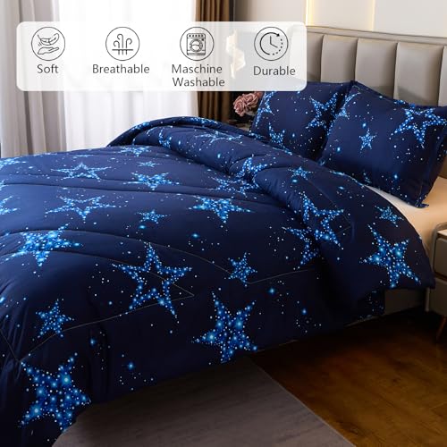 Caressma Star Comforter Teen Boy Girl Blue Galaxy Full Size Bedding Microfiber Set 3 Pieces with Pillowcases for All Seasons Caressma