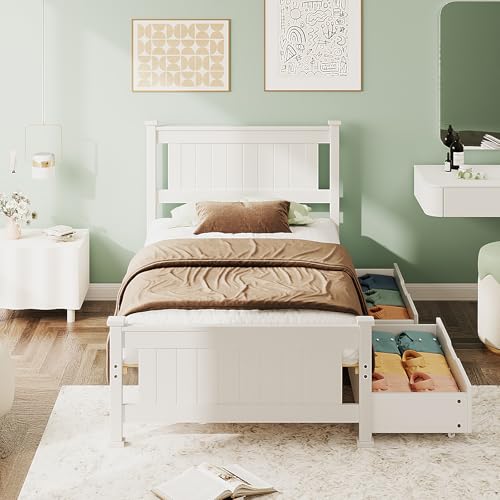 VINGLI Solid Wood Twin Size Bed Frame with Headboard and 2 Storage Drawers,Enhanced Support Single Bed Frame,SModern Minimalist Panel Platform Bed for Kids,Teens, Adults,Guests,Sleigh Bed,White. VINGLI