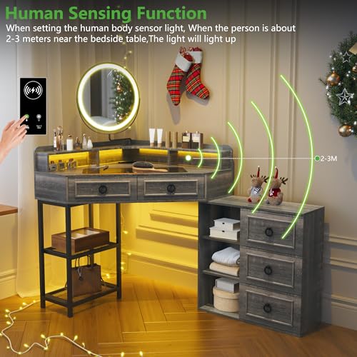 WOOVIVS Corner Vanity Desk with Lighted Rotating Mirror, Glass Top Makeup Table with 5 Drawers, Small Vanitys with Charging Station,Jewelry Organizers for Bedroom,Brown WOOVIVS