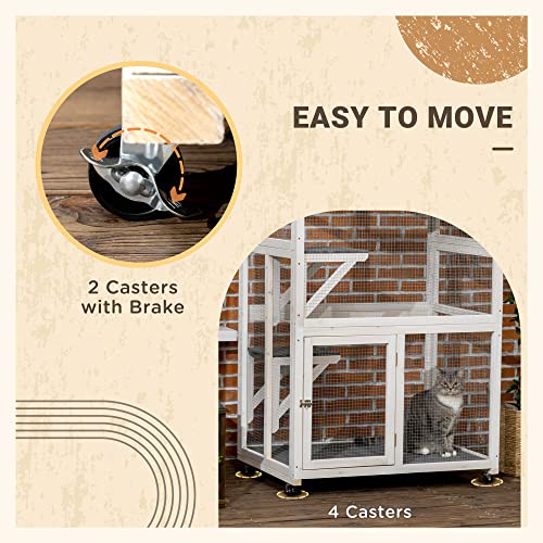 PawHut 74" Wooden Catio Outdoor Cat House Weatherproof & Wheeled, Outside Cat Enclosure with High Weight Capacity, Kitten Cage Condo, Gray PawHut