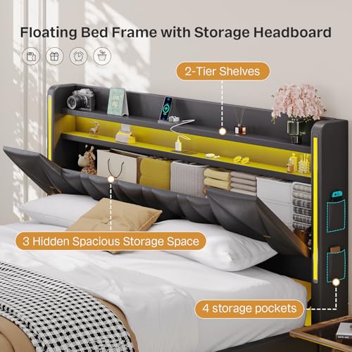 Dnxao King Size Floating Bed Frame with Storage Headboard, Tall 44" Upholstered Platform Bed with Charging Station, Dual-Zone LED Lights, No Box Spring Needed, PU Black Dnxao