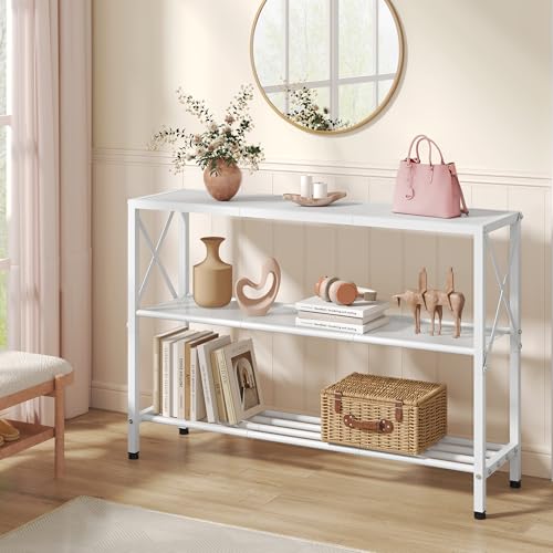 Hoctieon White Industrial Console Table, 3 Tier Entryway Tables, Hallway Desk, Narrow Sofa Tables with Shelves, Entrance Table for Entryway, Living Room, Foyer, Hallway, Office, White Hoctieon