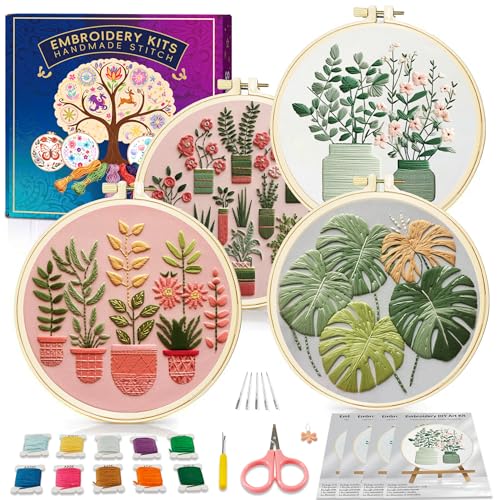 Huacan Embroidery Kit for Adults Beginner - Embroidery Kits 4 Pcs Stamped Stitch Practice Multiple Pattern Bouquet with 4 Hoops, DIY Sewing Kit with Gift Box 7.9 x 7.9 Inch
