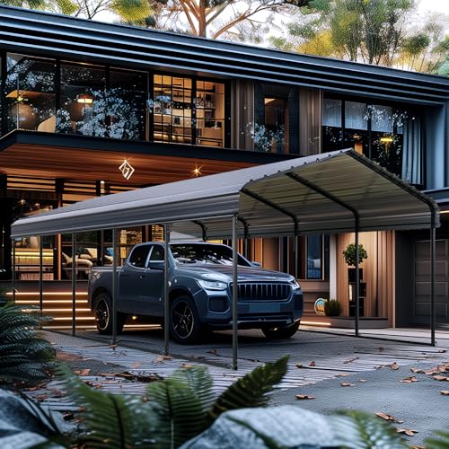 GREEN PARTY 12 x 25 ft Metal Carport Kits with Galvanized Steel Roof, Heavy Duty Metal Carport Canopy, Outdoor Car Tent Metal Garage Shelter for Car, SUV, Truck and Boats, Grey GREEN PARTY