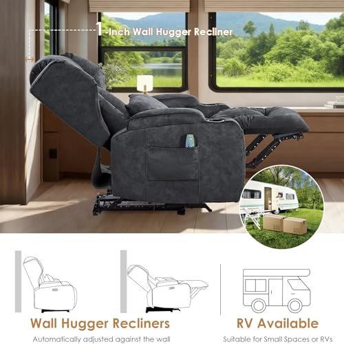 SAMERY Power Recliner Chair with Massage and Heat, Zero Wall Hugger Recliners Sofa Chair for Small Spaces, Theater Seating RV Sofa with LED Surround Lighting/USB/Cup Holders, Velvet, Charcoal