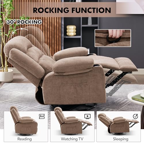 Rocker Recliner Chair with Heat and Massage, 360° Swivel Nursery Rocking Chairs for Adults, Oversized Recliner Single Sofa Seat with Cup Holders, Lazy Boy Recliner Single Sofa (Manual, Brown)