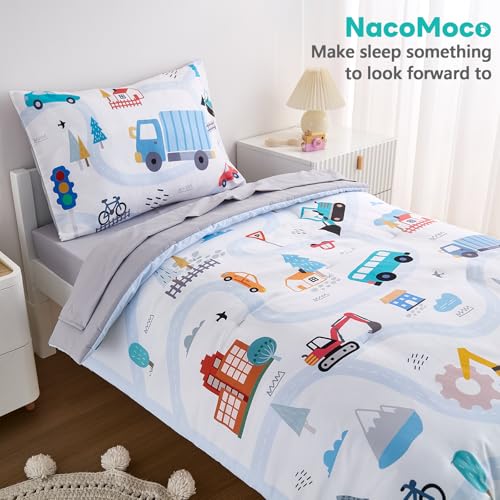 NacoMoco 4-Piece Cars Toddler Bedding Set for Boys Girls- Soft & Skin Friendly Toddler Bed Set Includes Toddler Comforter, Flat Sheet, Fitted Sheet and Pillowcase (Light Blue) NacoMoco