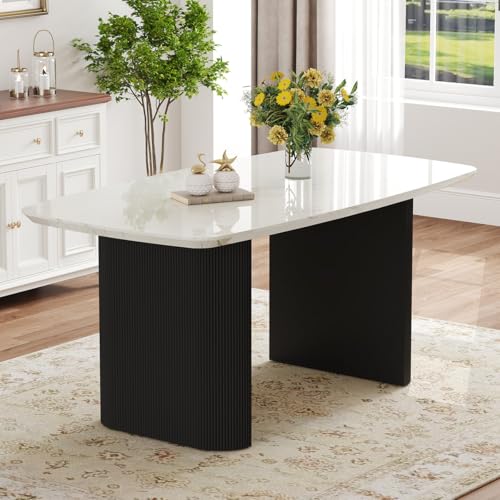 Ebullient White Marble Dining Table for 6–8, 67'' Modern Oval Kitchen Table with 3.5'' Thick White Marble-Patterned Tabletop and Matte Black Column Legs, Large Dining Room Table Ebullient