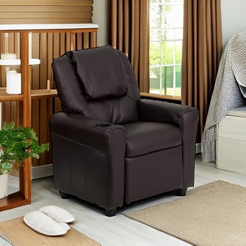 Flash Furniture Vana LeatherSoft Kids Recliner with Cup Holder, Headrest, and Safety Recline, Contemporary Reclining Chair for Kids, Supports up to 90 lbs., Brown