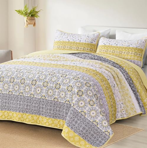 WONGS BEDDING Boho Quilt Set Queen, Yellow Bohemian Striped Patchwork Bedspread Coverlet Set with 2 Pillowcases,Lightweight Microfiber Floral Bedding Set 96"×90" WONGS BEDDING