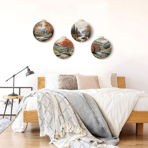 SCECALA 4 Pack Embroidery Kit for Beginners - Nature Landscape Beginner Embroidery Kit for Adults with Embroidery Pattern, Hoop, Complete Supplies DIY Craft for Adults Sewing Hobby, 1pc Hoops