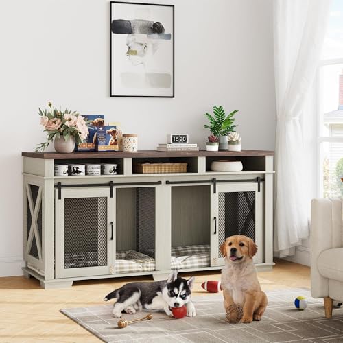 71'' Double Dog Crate Furniture – Furniture-Style Kennel with Removable Divider, Sliding Barn Door & 3 Drawers | Doubles As a TV Stand, Ideal for Large Dogs or 2 Medium Breeds (White + Walnut Finish) Loumernhant