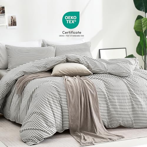 JELLYMONI 100% Natural Cotton 3pcs Striped Duvet Cover Sets,White Duvet Cover with Grey Stripes Pattern Printed Comforter Cover,with Zipper Closure & Corner Ties(Queen Size) JELLYMONI