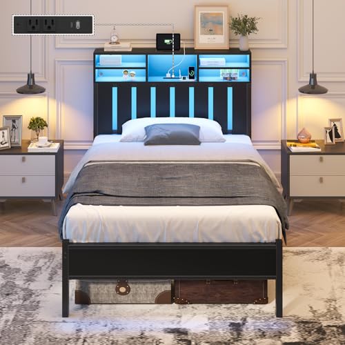 Twin Size Bed Frame with Charging Station and LED Lights, Twin Bed Frames with Storage Headboard, Black LED Bed Frame with Storage Shelves, Metal Platform with Under-Bed Storage, No Box Spring Needed CSZZD