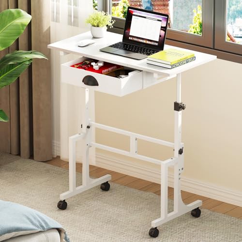 Adjustable Height Standing Desk With Drawer, Rolling Sit Stand Up Desk With Wheels, Small Sit To Stand Computer Desk, Adjustable Desktop Height, On Wheels, White, For Walking Pad Laptop Treadmill Cidaziya