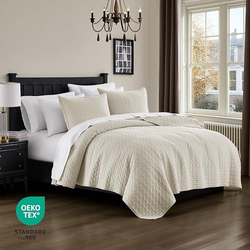 palassio Beige 100% Cotton Quilt King Size Bedding Sets with 2 Pillow Shams, Textured Lightweight Soft Bedspread Shabby Chic Coverlet, Neutral Quilted Comforter Bed Cover for All Season, 3 Pieces palassio